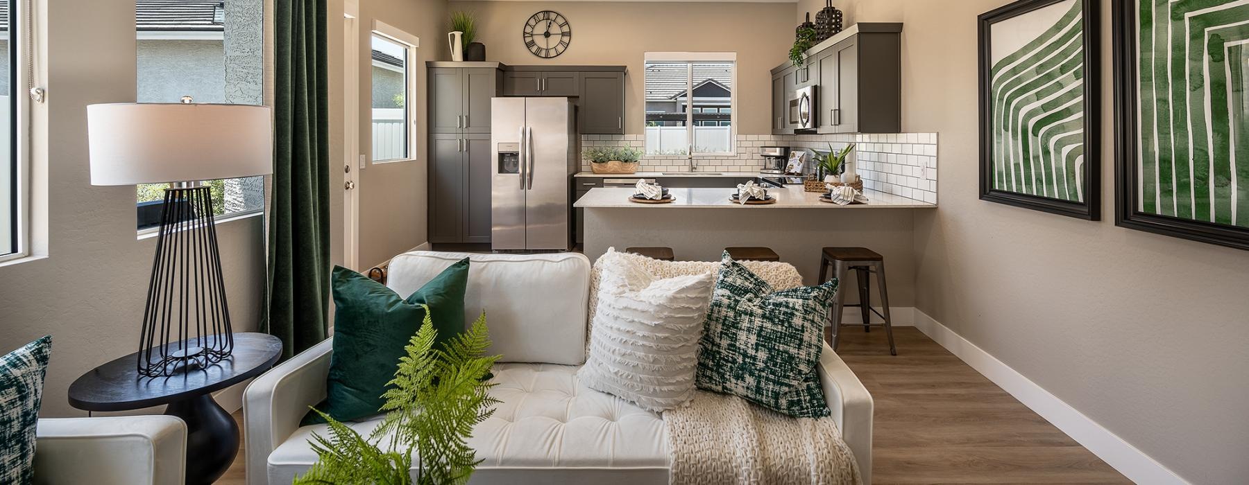 a living room with a couch and a table